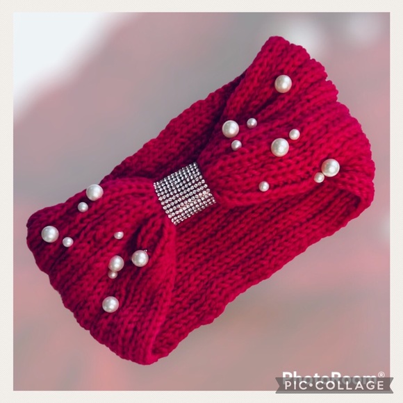 NWT HP Cranberry Red Pearl Rhinestone Knitted Winter Headband - Picture 3 of 6